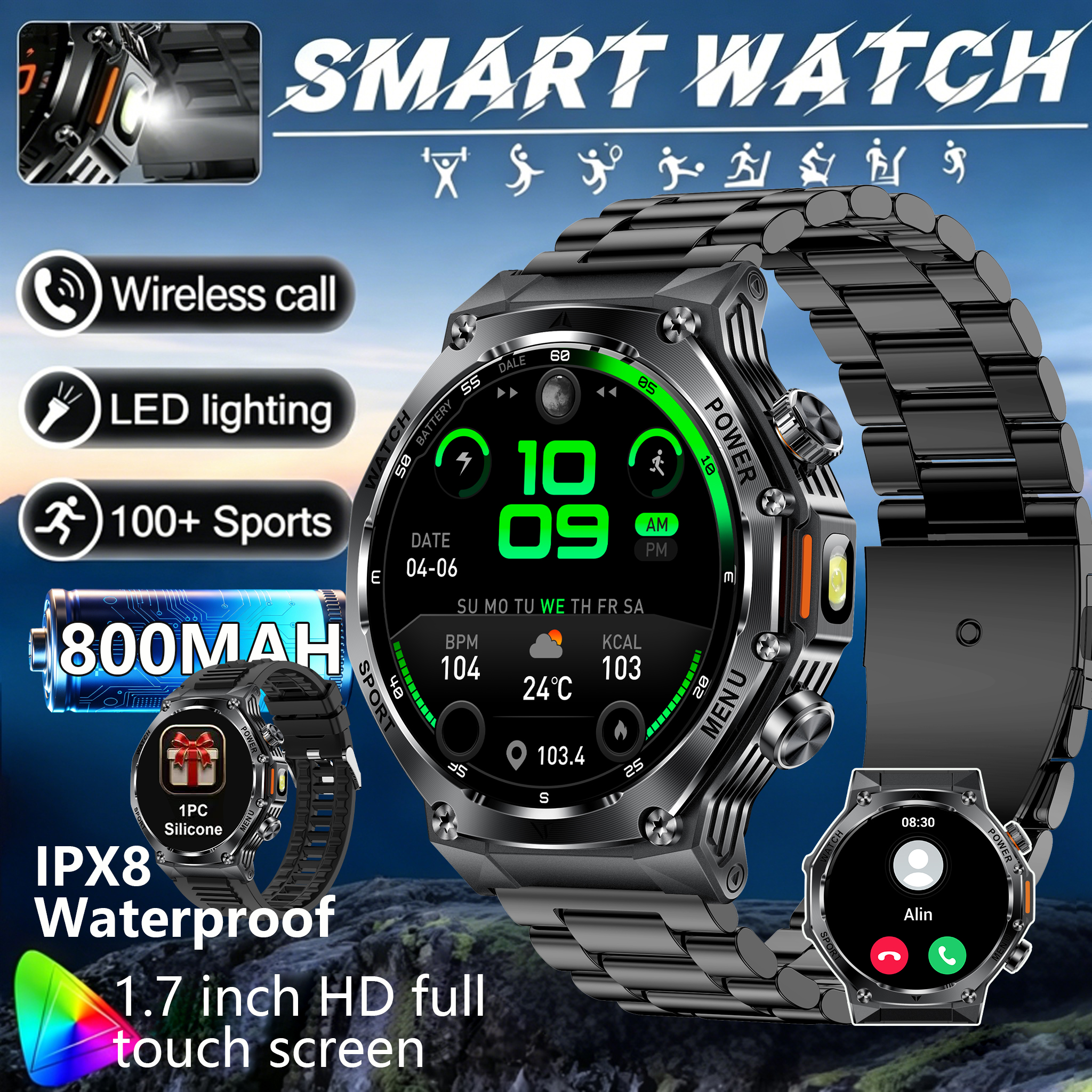 Sports Equipment In Spanish - Tactical Style Smart Watch LED Flashlight